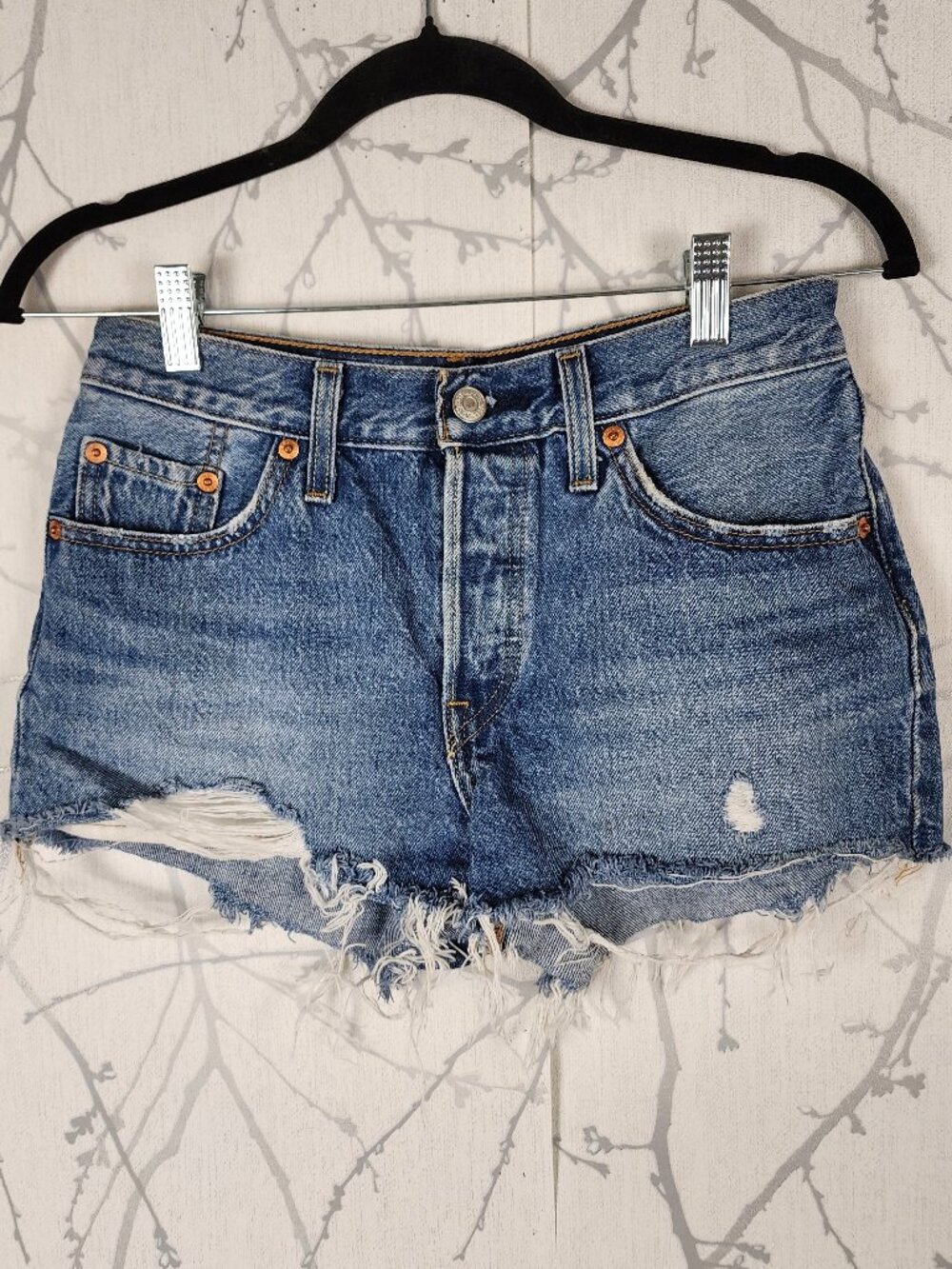 Levi's Medium Wash Rigid Denim Distressed High Rise 501 Shorts